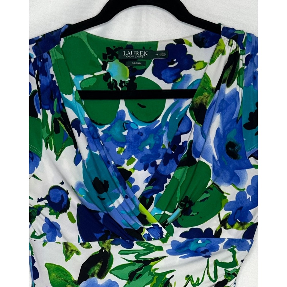 Lauren Ralph Lauren Blue Green Floral Faux Wrap Sheath Dress Size 14 - Picture 7 of 9
